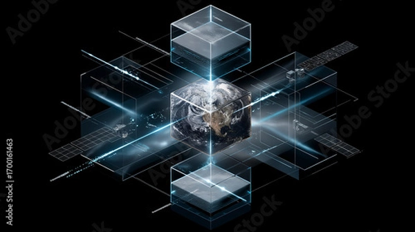 Fototapeta 6G. Data Speed. Quantum Communication. Isometric 3D visualization of a quantum 6G network node for technology applications.