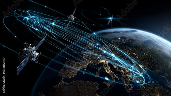 Fototapeta 6G. Data Speed. Quantum Communication. A satellite system depicted in 3D orbit transmitting encrypted signals.