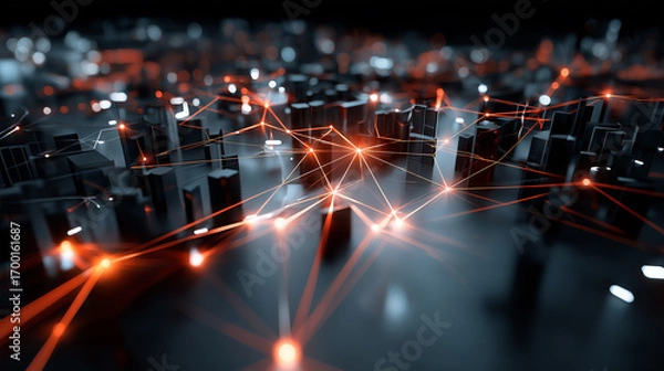 Fototapeta 6G. Data Speed. Quantum Communication. A modern urban 3D environment showcasing devices connected through advanced 6G technology.