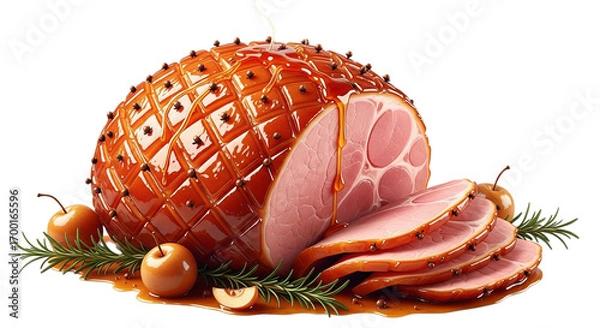 Fototapeta Glazed ham with apples and herbs
