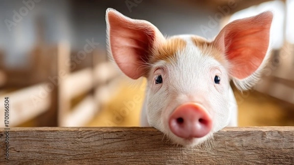 Fototapeta Curious piglet in modern farm facility exploring livestock husbandry practices for sustainable agriculture and animal welfare