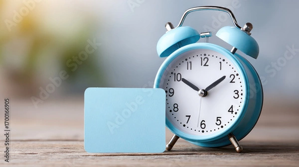 Fototapeta Concept of paid time off reminder with blue alarm clock on wood surface for workplace awareness campaign