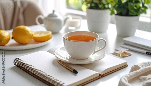 Fototapeta Serene tea break with lemon, notebook, and golden pen on a bright white table