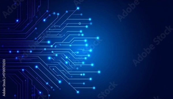 Fototapeta Glowing Blue Circuit Board Design with Data Flow and Dark Gradient Background