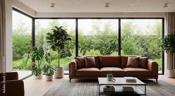 Obraz Living room interior with Leather sofa and green plants on transparent wall background.3d rendering