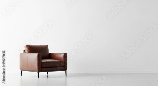 Obraz Minimal room with an leather armchair on empty white wall background- 3D rendering