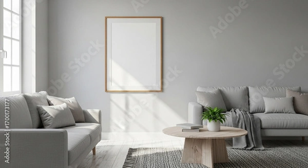 Fototapeta Poster frame mockup in scandinavian style living room interior.
