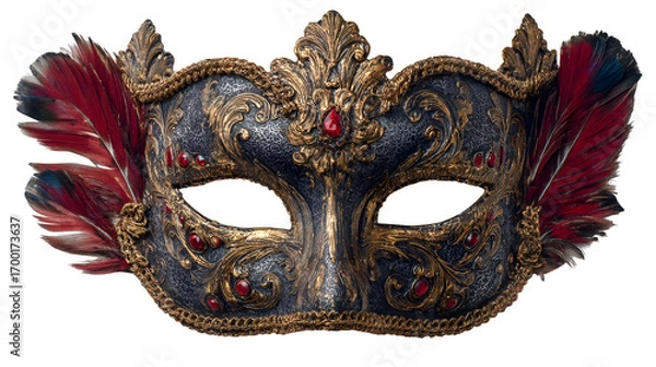 Fototapeta Creepy carnival mask with feathers, isolated on white background