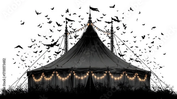 Fototapeta Creepy carnival tent silhouette with string lights and bats, isolated on white background, HD realistic