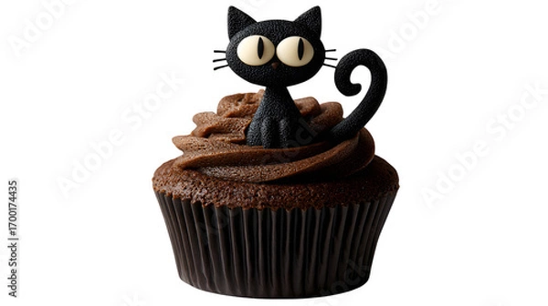 Fototapeta Cupcake with black cat topper, isolated on white background