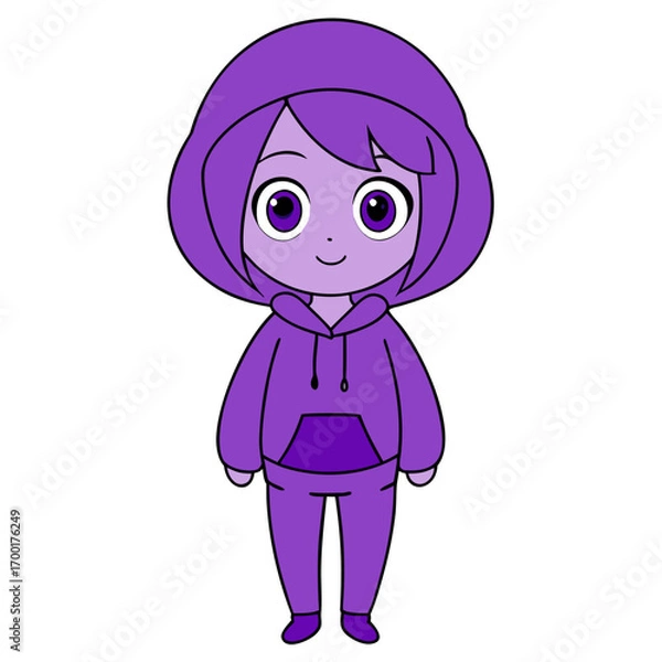 Fototapeta A charming and cute cartoon illustration featuring a stylized character dressed in a cozy purple hoodie and matching sweatpants, embodying youthful innocence and a relaxed, casual aesthetic