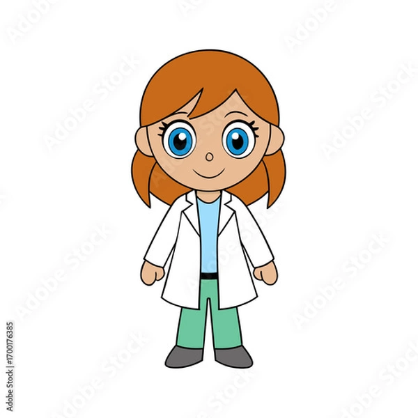 Fototapeta Cute cartoon illustration of a female scientist or doctor in a white lab coat, a friendly character for science and medical concepts