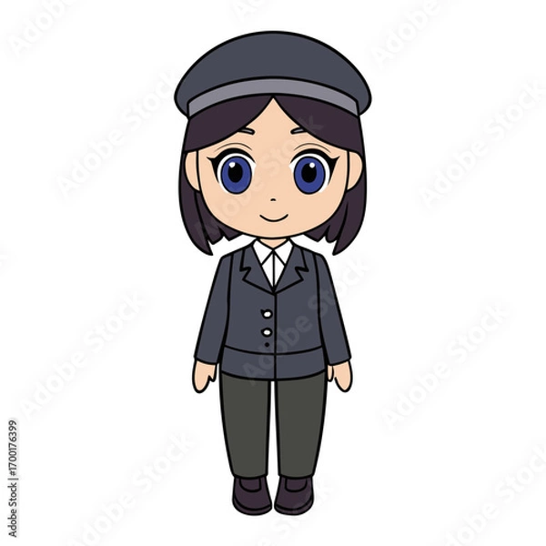 Fototapeta Cute chibi anime girl character in a professional uniform with a cap, standing and smiling. Vector illustration of a young female worker