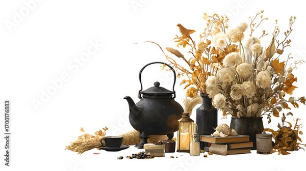 Fototapeta Elegant witchs tea party invitation with broomstick and cauldron accents, isolated on white background