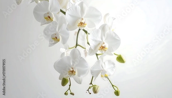 Fototapeta A delicate arrangement of white orchids displays elegant beauty against a soft backdrop.