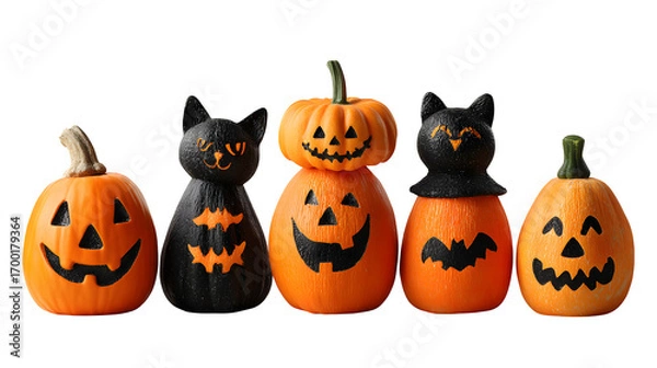 Fototapeta Group of 5 jack-o-lanterns with different carvings, isolated on white background