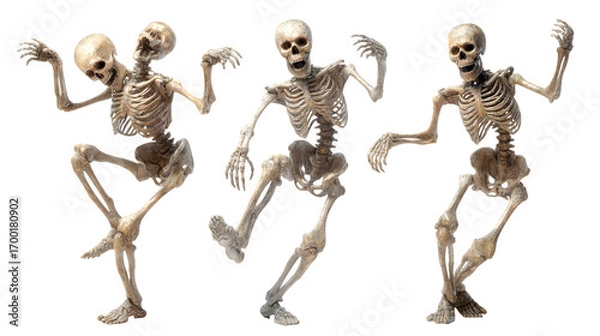 Fototapeta HD realistic clipart set of skeleton figures in dancing poses isolated on white background