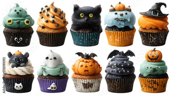 Fototapeta HD realistic clipart set of Halloween cupcakes with themed toppings isolated on white background