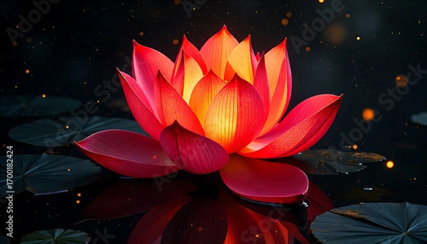 Fototapeta Vibrant Pink and Orange Lotus Flower Floating on Dark Water with Sparkling Lights