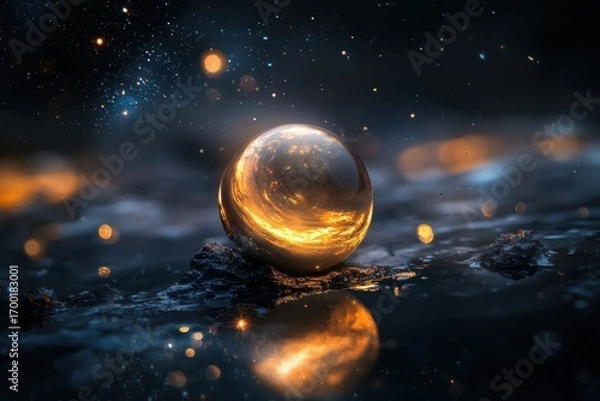 Fototapeta Glowing golden liquid sphere resting on dark textured surface with bright reflections and cosmic background creating mysterious and captivating atmosphere