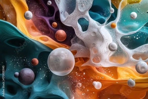 Fototapeta Surreal dreamscape with floating spheres and organic shapes in vibrant orange, teal, purple, and white colors creating dynamic and imaginative abstract scene full of energy and depth