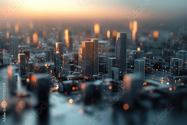 Fototapeta Futuristic cityscape with glowing orange lights and wireframe skyscrapers at sunset, creating vibrant and dynamic urban atmosphere