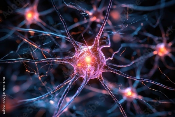 Fototapeta Neural network with glowing synapses and electric impulses, detailed close up of brain cells transmitting signals in vibrant blue and orange colors