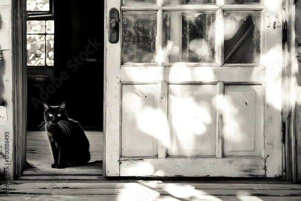 Obraz A cat gazing out from behind a half-open door, the soft morning light casting shadows on its fur while the outside world remains blurred and peaceful.