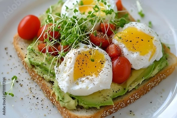 Obraz A wholesome breakfast plate of avocado toast topped with poached eggs, cherry tomatoes, and microgreens, photographed with soft morning light and ample copy space. 