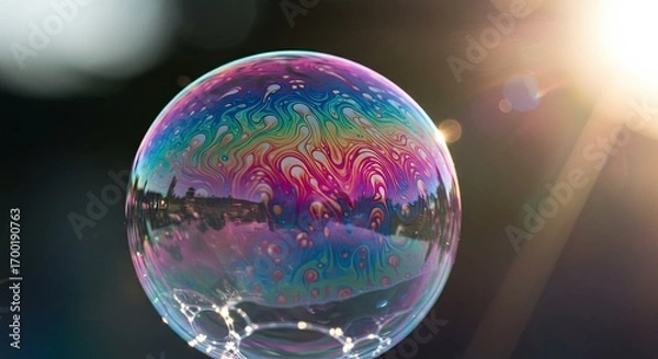 Obraz Iridescent Soap Bubble with Colorful Swirls Floating in Golden Sunlight