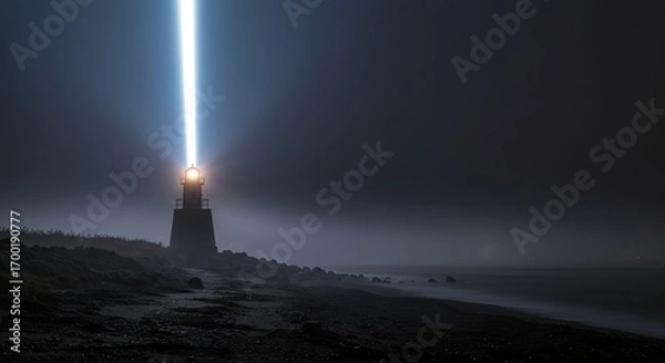Obraz Lighthouse Beam Cutting Through Night Fog on Black Sandy Beach