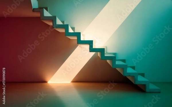 Fototapeta Colorful stairs stand beneath a skylight. Walls of red and blue flank the stairs; light streams in from above.