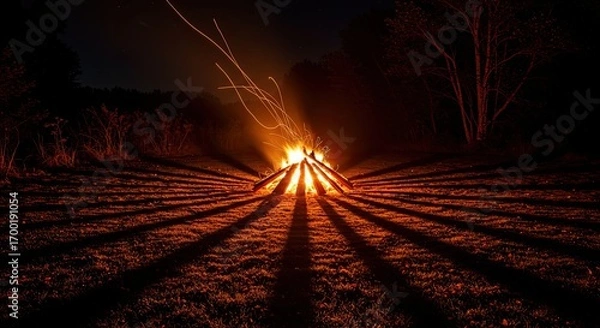 Obraz Orange Campfire Burning Brightly at Night with Dark Shadows and Trees