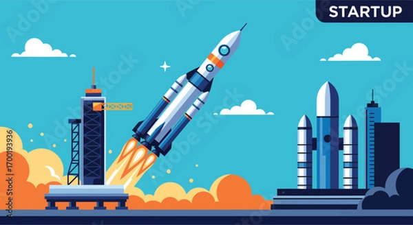 Fototapeta Stylized vector illustration of a rocket launching for a startup.