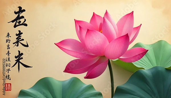 Fototapeta Pink Lotus Flower with Green Leaves and Calligraphy on Elegant Background
