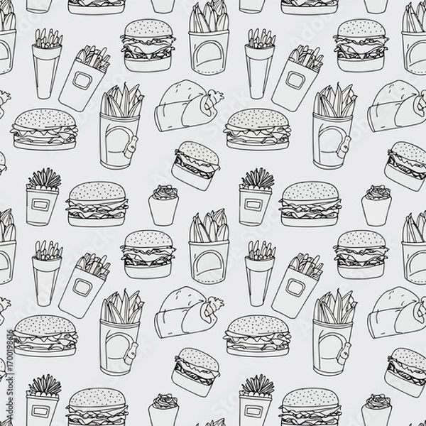 Obraz Seamless fast food pattern with burgers, fries, and wraps in line art, seamless pattern, royalty free stock.