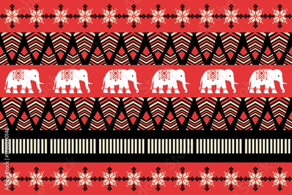 Fototapeta Festive ethnic pattern with decorative elephants, snowflakes, and geometric designs in red, green, and cream on black background, perfect for Christmas and holiday themes.