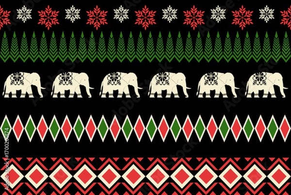 Fototapeta Festive ethnic pattern with decorative elephants, snowflakes, and geometric designs in red, green, and cream on black background, perfect for Christmas and holiday themes.
