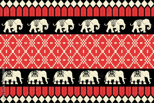 Fototapeta Festive ethnic pattern with decorative elephants, snowflakes, and geometric designs in red, green, and cream on black background, perfect for Christmas and holiday themes.