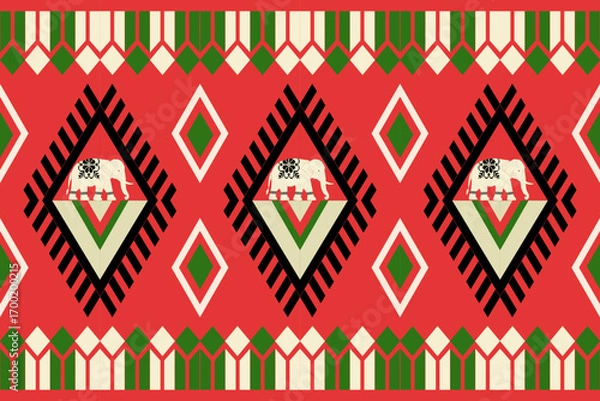 Fototapeta Festive ethnic pattern with decorative elephants, snowflakes, and geometric designs in red, green, and cream on black background, perfect for Christmas and holiday themes.