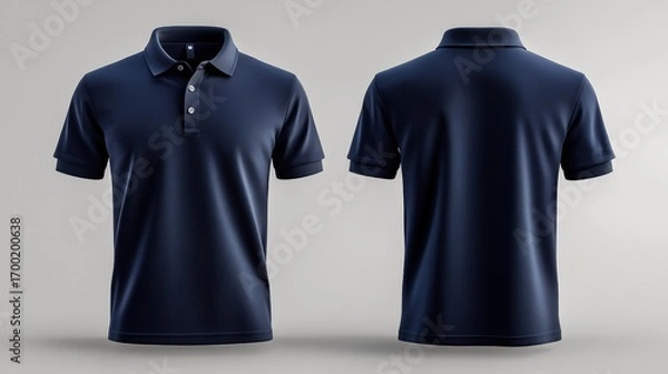 Fototapeta A navy blue polo shirt is displayed from the front and back, showcasing its design, buttons, and short sleeves on a neutral background.