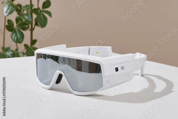 Fototapeta stylish pair of futuristic glasses with integrated interface lies on clean surface reflecting in nearby mirror