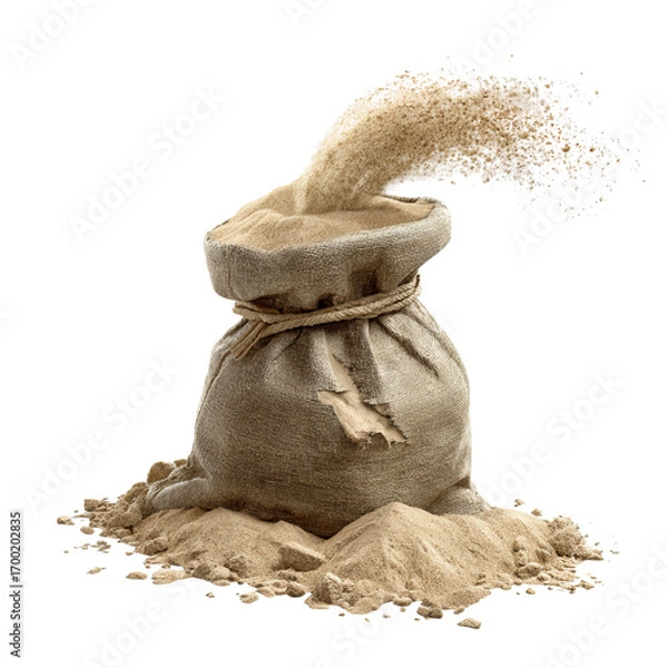 Fototapeta Png of burlap sack overflowing with sand isolated on transparent background, creating a dynamic and textured composition with a rustic aesthetic