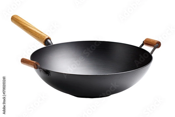 Fototapeta Empty black wok with wooden handles