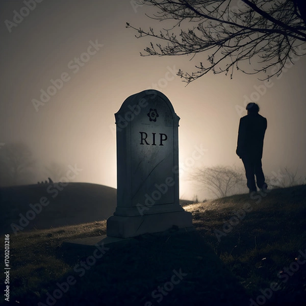 Fototapeta Mysterious graveyard at dusk with a silhouetted figure standing beside a lonely tombstone marked RIP, captured in moody atmospheric fog and soft golden backlight, evoking emotions of loss, sorrow, mem