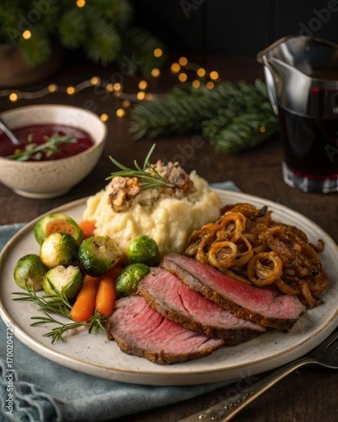 Fototapeta Festive roast beef christmas dinner experience in a cozy home setting with mashed potatoes gravy and roasted vegetables