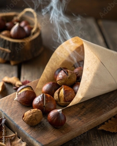 Fototapeta Roasted chestnuts delight warm paper cone treats with rising steam in a rustic winter market setting