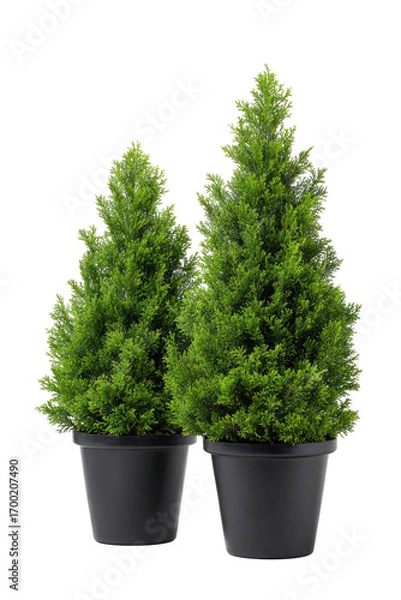 Fototapeta Two small, cone-shaped evergreen trees in dark gray pots
