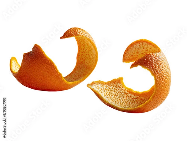 Fototapeta Close-up of two orange peels, curved and separated, against a black background.  The peels show intricate textures and vibrant orange hues