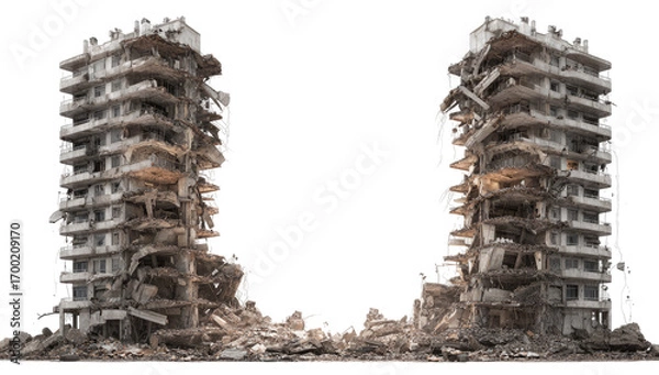 Fototapeta Two crumbling apartment buildings, ravaged by demolition.  Ruined, derelict structures